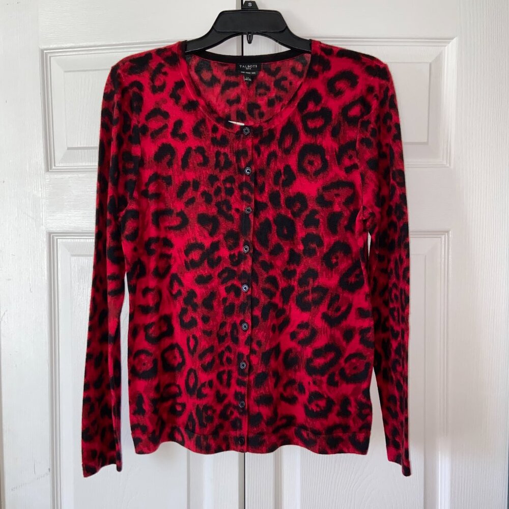 REDUCED PRICE New Talbots LP Red & Black Pure Merino Wool Button Down Cardigan